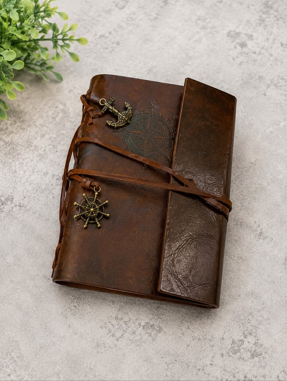 Brown Leather Journal with Nautical Charm Wrap Closure - Picture 4 of 4